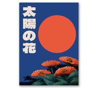SALVADERO Affiche d'Art Japonais Rétro A3, Fleurs & Soleil Rouge (Rising Sun, Sans cadre)