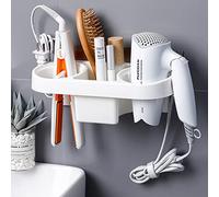SALWINGS Support Mural pour sèche-Cheveux, Auto-adhésif sans perçage, Rangement Multifonctionnel pour Salle de Bain avec Boucle à Douille, sèche-Cheveux/Brosse à Dents/cosmétique/Fer à friser (Blanc)