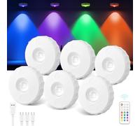 SAMALICAR Lot de 6 éclairages d'armoire LED de vitrine rechargeables par USB - Spots RVB - Batterie avec bouton tactile et télécommande - Rond - Magnétique - Intensité variable - Sans fil - Éclairage