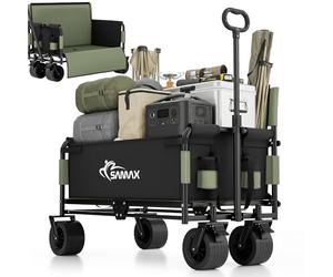 SAMAX Chariot à Main de Transport jusqu'à 200 kg - 2 en 1 avec Banquette - Chariot de Jardin Charrette à Bras Remorque á Main Pliante Offroad (Vert Matcha, avec Dossier)