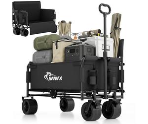 SAMAX Chariot à Main de Transport jusqu'à 200 kg - 2 en 1 avec Banquette - Chariot de Jardin Charrette à Bras Remorque á Main Pliante Offroad (Noir, avec Dossier)