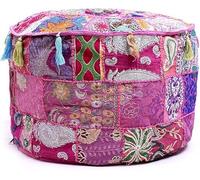Sambhav Quilt Hub Pouf indien en coton brodé ethnique indien rond pouf ottoman coussin décoratif ethnique art housse uniquement (rose, 45,7 x 33 cm)