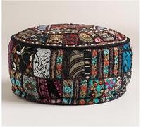 Sambhav Quilt Hub Pouf indien en coton brodé ethnique indien rond pouf ottoman décoratif art housse uniquement (noir, 45,7 x 33 cm)