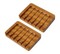 SAMEBUTECO Lot de 2 porte-savon en bois de teck auto-drainant, drain en cascade, économiseur de savon pour salle de bain, douche et savon de bar avec coffret cadeau