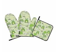 Samgula Lot de 3 gants de cuisine et maniques en forme de grenouille - Motif libellule et feuille de lotus - Résistants à la chaleur - Pour la cuisson au barbecue