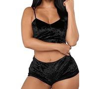SamHeng 2PCS Ensemble de Pyjama Court pour Femme, Camisole Sexy en Velours et Short de Nuit pour Dames Col en V Lingerie Sans Manches Crop Top Vêtements de Nuit-Noir