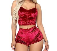 SamHeng 2PCS Ensemble de Pyjama Court pour Femme, Sexy Velours Camisole et Short Vêtements de Nuit pour Dames Col en V Lingerie Sans Manches Crop Top Vêtements de Nuit-Rouge
