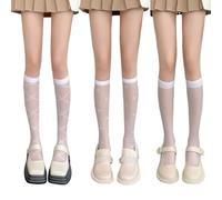 SamHeng 3 Paires Mi-Bas pour Femme Filles, 3 Styles Élastique Impression Chaussettes au Genou Respirantes, Voir à Travers Bas en Nylon Mode Pop (Blanc)