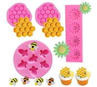 SamHeng 4 Pièces Fleur Abeille Moules en Silicone, Nid d'abeille Bourdon Moules à Chocolat pour Bonbons Fondant Décoration de Gâteau, Moule de Cuisson pour Artisanat d'argile Cupcake Toppers