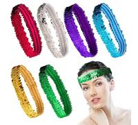 SamHeng 6 Pièces Bandeau à Paillettes, Élastique Bling Bande de Cheveux de Sport Sequin Serre-Tête, Mode Brillant Coiffure pour Femmes Filles Performance sur Scène Danse Disco Carnaval Fête