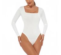 SamHeng Body à manches longues pour femme Sexy Col carré Justaucorps décontracté String extensible Basique Coupe ajustée Sous vêtements de club(blanc/L)