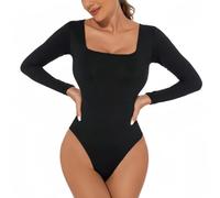 SamHeng Body à manches longues pour femme Sexy Col carré Justaucorps décontracté String extensible Basique Coupe ajustée Sous vêtements de club(Noir/L)
