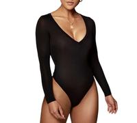 SamHeng Body à Manches Longues pour Femme, Sexy Col en V Haut Justaucorps avec Fermeture à Pression, Classique Casual Slim Bodysuit Jumpsuit Élégante Lingerie Sous Vêtements, Noir/M