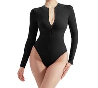 SamHeng Body côtelé à manches longues pour femme haut justaucorps extensible coupe ajustée sexy fermeture éclair sur le devant gainant le ventre tenue décontractée(noir/L)