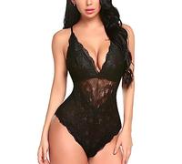 SamHeng Body Femme Dentelle Col V Sans Manche, Teddy Lingerie Dos Nu Justaucorps Lingerie Transparent Jumpsuit Party Clubwear