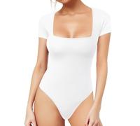SamHeng Body pour Femme Manches Courtes Col Carré Débardeur Dames Sexy Justaucorps Body Costumes avec Fermeture à Pression Sortie Casual Slim Fit T-Shirts (Blanc/M)