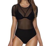 SamHeng Body transparent pour femme à manches courtes en maille noire Body transparent Hauts justaucorps résille dentelle T-shirt Clubwear, M