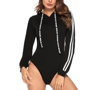 SamHeng Bodys Femme à Manches Longues avec Capuche et Fermeture à Pression Combinaison Noire de Sortie Tenue Décontractée Clubwear Streetwear, L