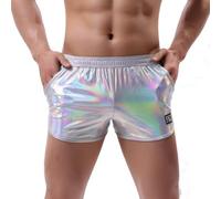 SamHeng Boxer métallique sexy pour homme avec poches Boxer Homme Caleçon Métallique Cuir Verni Brillant Party Plage Boxershorts Disco Club Costumes(Argent/XL)
