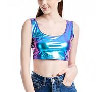 SamHeng Débardeur court métallisé brillant col en U sans manches Camisole Slim Fit Débardeurs Party Clubwear pour Costume Disco Dance (Bleu/L)