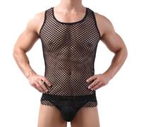 SamHeng Débardeur en résille transparent sans manches pour homme, idéal pour les soirées, en maille ajustée, col ras du cou for les soirées d'été Débardeur ajouré t-shirt de sport, maillot de corps