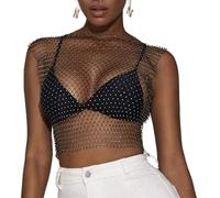 SamHeng Débardeurs à paillettes pour femmes, hauts courts noirs sexy en maille diamant ajourés, hauts courts transparents cloutés en strass pour tenue de festival club rave, dissimulant le clubwear