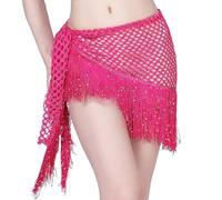 SamHeng Écharpes de Hanche de Danse du Ventre pour Femme, Brillant Creux Ceinture Danse Orientale avec Pompons à Paillettes, Jupe à Franges pour Déguisement Belly Dance Yoga Soirée Rave (Rose)
