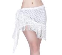 SamHeng Écharpes de Hanche de Danse du Ventre pour Femme, Brillant Creux Ceinture Danse Orientale avec Pompons à Paillettes, Jupe à Franges pour Déguisement Belly Dance Yoga Soirée Rave (Blanc)