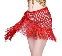 SamHeng Écharpes de Hanche de Danse du Ventre pour Femme, Brillant Creux Ceinture Danse Orientale avec Pompons à Paillettes, Jupe à Franges pour Déguisement Belly Dance Yoga Soirée Rave (Rouge)