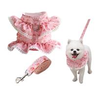 SamHeng Ensemble Harnais et Laisse pour Chien, Floral en Dentelle Animaux Vêtements Réglable Respirant Anti-Traction Harnais Gilet Jupe Princesse pour Taille Moyenne et Grande Chiens Chats (Rose-L)