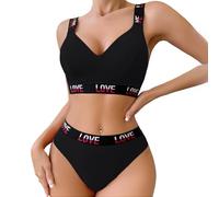 SamHeng Ensemble soutien-gorge et culotte de sport pour femme - Brassière en coton non rembourrée - Sans armatures - Sans couture - Pour yoga, fitness, entraînement, Noir , M