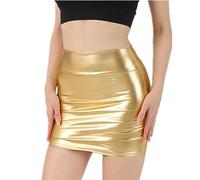 SamHeng Femme Mini Jupe Courte Sexy Brillant métallique Bodycon Jupe Crayon Cuir Verni Mouillé Wetlook Costume de Club Soirée Cocktail Party, Or
