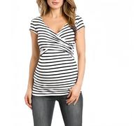 SamHeng Femmes Hauts Maternité Manches Courtes T-Shirt Allaitement Décolleté en V Hauts Rayés pour Grossesse, Blanc/Taille L