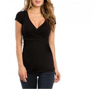 SamHeng Femmes Hauts Maternité Manches Courtes T-Shirt Allaitement Décolleté en V Hauts Uni pour Grossesse, Noir/Taille L