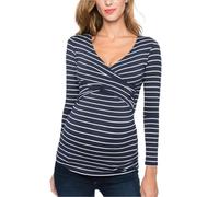 SamHeng Femmes Manches Longues Hauts de Maternité T-Shirt d'allaitement Relevable Chemises d'allaitement Col Rond Haut d'allaitement Rayé Vêtements de Grossesse (Marine, L)