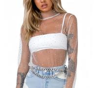 SamHeng Femmes Sexy Sheer Mesh See Through Tops Chemise à manches longues Col montant Sparkle Basic Tee Blouse Tops Party Clubwear (Blanc/M)
