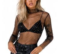 SamHeng Femmes Sexy Sheer Mesh See Through Tops Chemise à manches longues Col montant Sparkle Basic Tee Blouse Tops Party Clubwear (Noir/M)