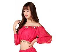 SamHeng Femmes Top de Danse du Ventre Pièces Pailletées Manches Longues Crop Top Danse Tribal avec Dentelle Découpée et Épaules Dénudées Tenue de Scène Festivals Carnavals et Spectacles , Rose Vif