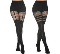 SamHeng Fronde Rayé Collants pour Femmes, 2 Paires Noir Élastique Taille Haute Collants Opaques, Mode Sexy Bas de Nylon Discothèque Collants pour Fête Cosplay Usage Quotidien