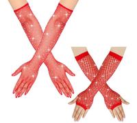 SamHeng Gants en Résille avec Strass pour Femme, 2 Paires Brillants Gants en Maille Gants Sans Doigts Gants Longs pour Années 80 Fête Costume Halloween Disco Cosplay Rave Mariage Danse (Rouge)