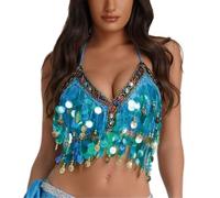 SamHeng Haut brassière de danse orientale latine paillettes, Top court dos nu à franges et paillettes scintillantes pour femme, Débardeur tube dos nu sexy à bretelles Pour soirée, carnaval, rave