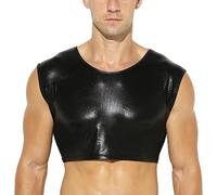SamHeng Haut court brillant pour homme, débardeur court sexy en similicuir à col ras du cou pour soirée, gilet moulant métallique sans manches, coupe slim for discothèque, festival de musique