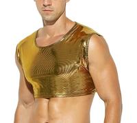 SamHeng Haut court brillant pour homme, débardeur court sexy en similicuir à col ras du cou pour soirée, gilet moulant métallique sans manches, coupe slim for discothèque, festival de musique