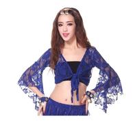 SamHeng - Haut court de danse du ventre pour femme, enveloppant, manches 3/4, avec châle floral bandage à nouer, en dentelle papillon pour danse du ventre