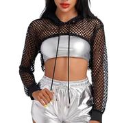 SamHeng Haut Court en Résille à Manches Longues pour Femme Chemisier Transparent en Maille Pull ouvert sur le Devant T-shirt Court pour Fête Club Plage Halloween(Noir/L)