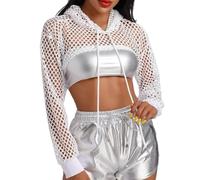SamHeng Haut Court en Résille à Manches Longues pour Femme Chemisier Transparent en Maille Pull ouvert sur le Devant T-shirt Court pour Fête Club Plage Halloween(blanc/M)
