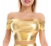SamHeng Haut court métallique brillant à manches courtes et épaules dénudées pour femme Col rond Chemisier pour Halloween costume discothèque soirée dansante(Or/L)