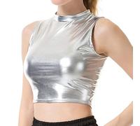 SamHeng Haut Court métallisé pour Femme, débardeur de fête holographique sans Manches Extensible Brillant Gilet de Danse Clubwear T-Shirt de réservoir de Club
