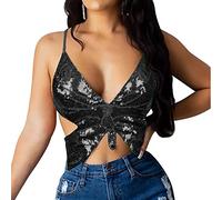 SamHeng Haut de crop top pour femmes, Butterfly Sequin Halter Top Bandage Top, Costume de gilet sans manche à tube arrière à lanière pour la danse du ventre, la danse latine, le club de fête