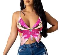 SamHeng Haut de crop top pour femmes, Butterfly Sequin Halter Top Bandage Top, Costume de gilet sans manche à tube arrière à lanière pour la danse du ventre, la danse latine, le club de fête